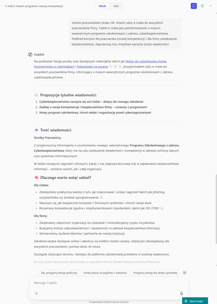 Microsoft Copilot Chat - e-mail HR