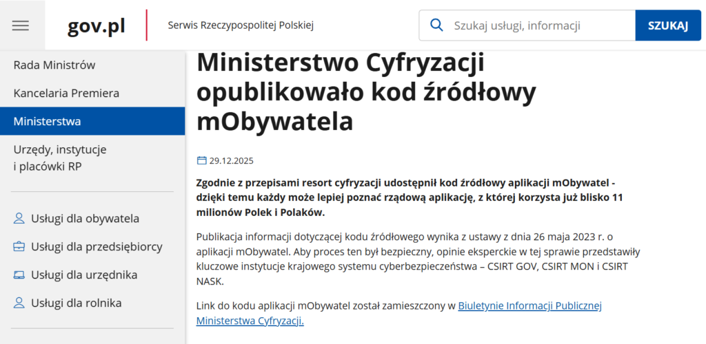 Publikacja kodu mObywatela