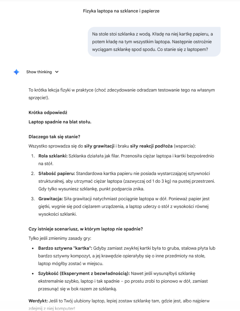 Rezultat testu szklanki wody, kartki i laptopa