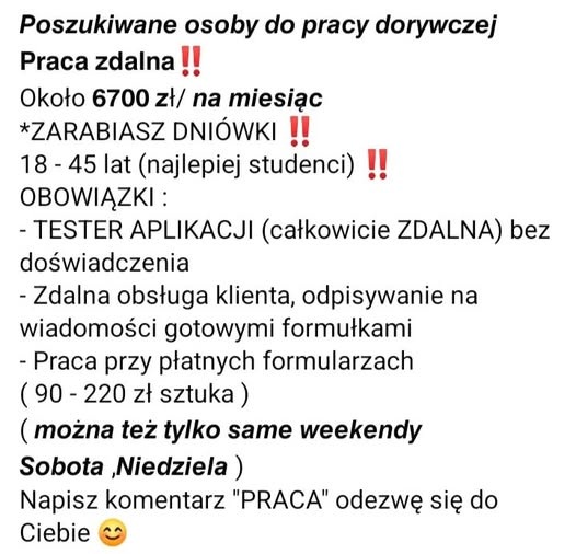 Fałszywe oferty pracy - ogłoszenie na Facebooku, dostęp 20.06.2026