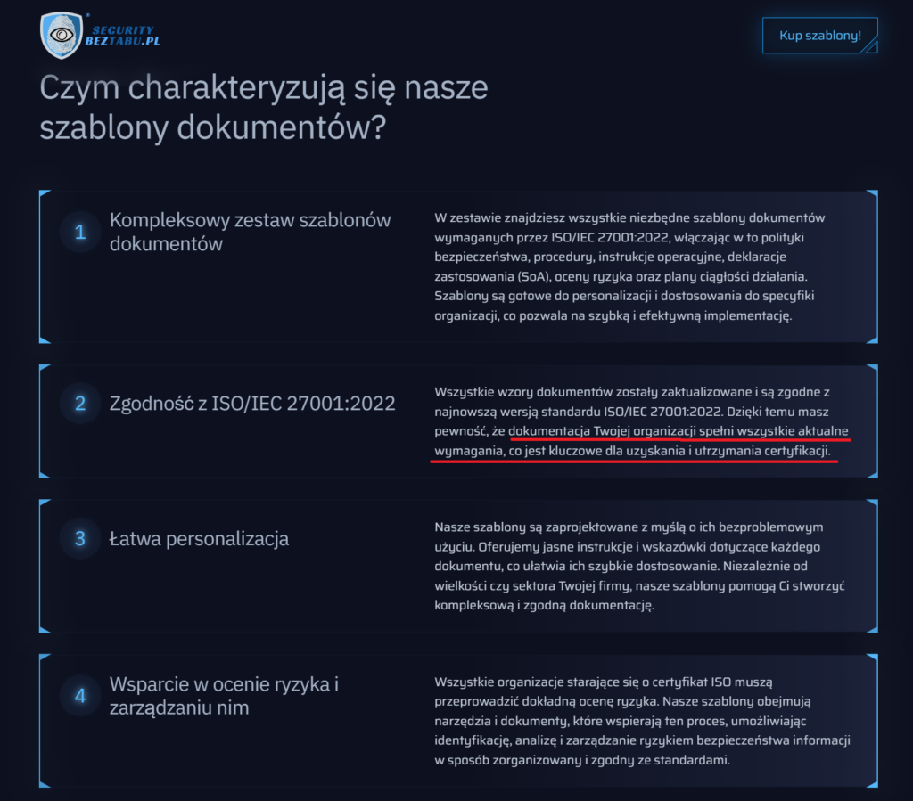 Strona sprzedażowa dokumentacji ISO 27001, dostęp: 20.06.2026