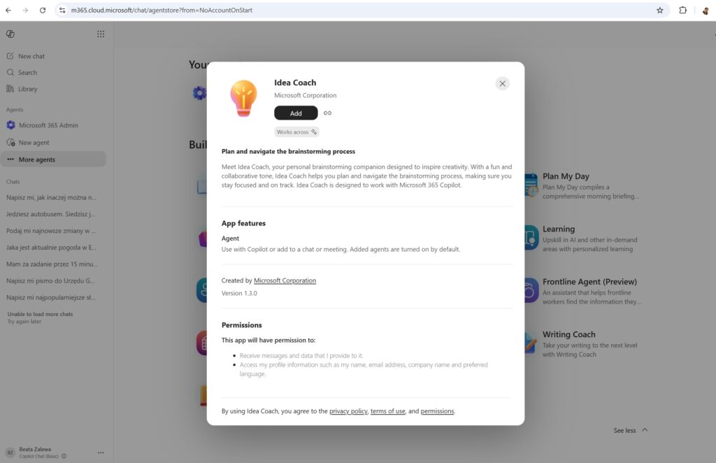 Agent Idea Coach Copilot Chat, dostęp 16.07.2026.