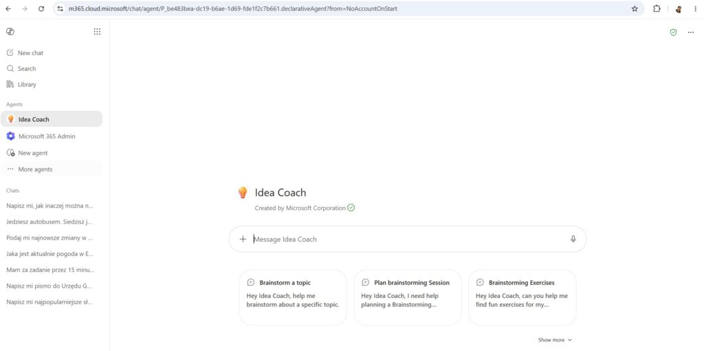 Agent Idea Coach Copilot Chat w sekcji Agents, dostęp 16.07.2026