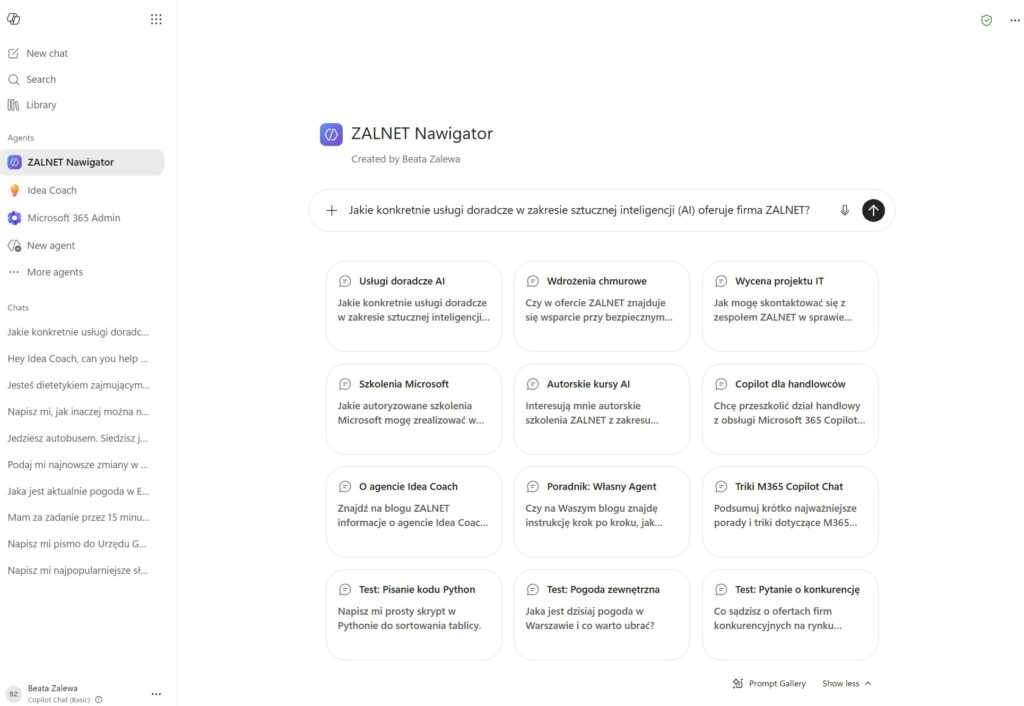 Agent M365 Copilot Chat - sugerowane prompty, dostęp 27.07.2026