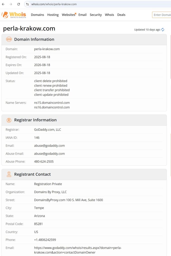 Darmowe narzędzia OSINT - WHOIS i przykładowa domena, dostęp 19.07.2026
