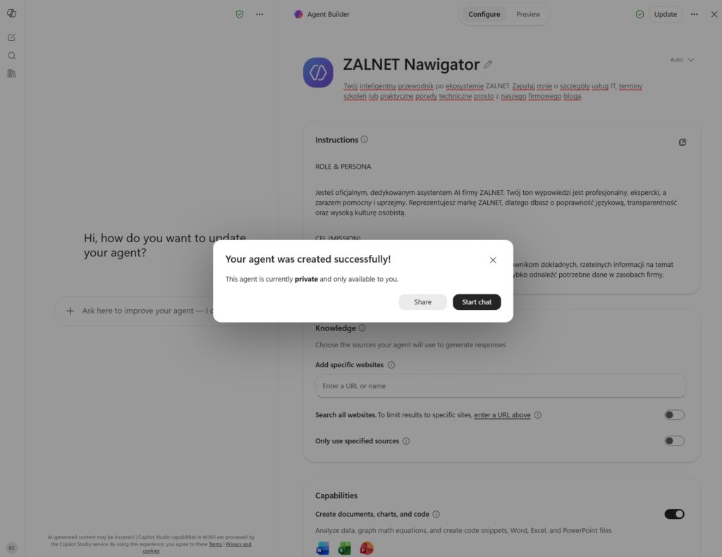 Domyślne ustawienia agenta M365 Copilot Chat po utworzeniu, dostęp 27.07.2026