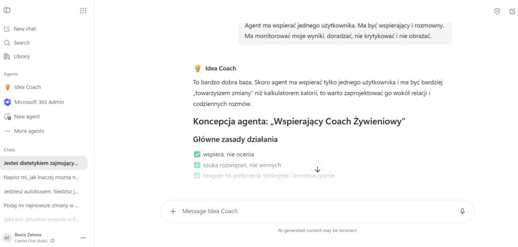 Drugi prompt zadany agentowi Idea Coach, dostęp 16.07.2026