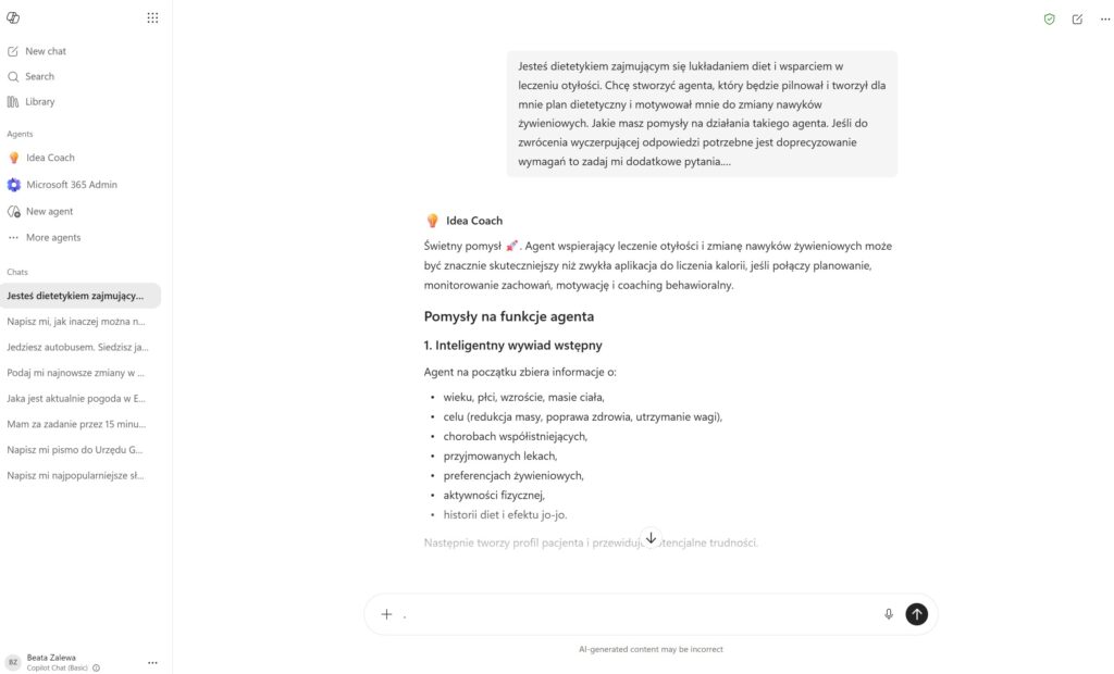 Efekt dzialania pierwszego promptu zadanego agentowi Idea Coach, dostęp 16.07.2026