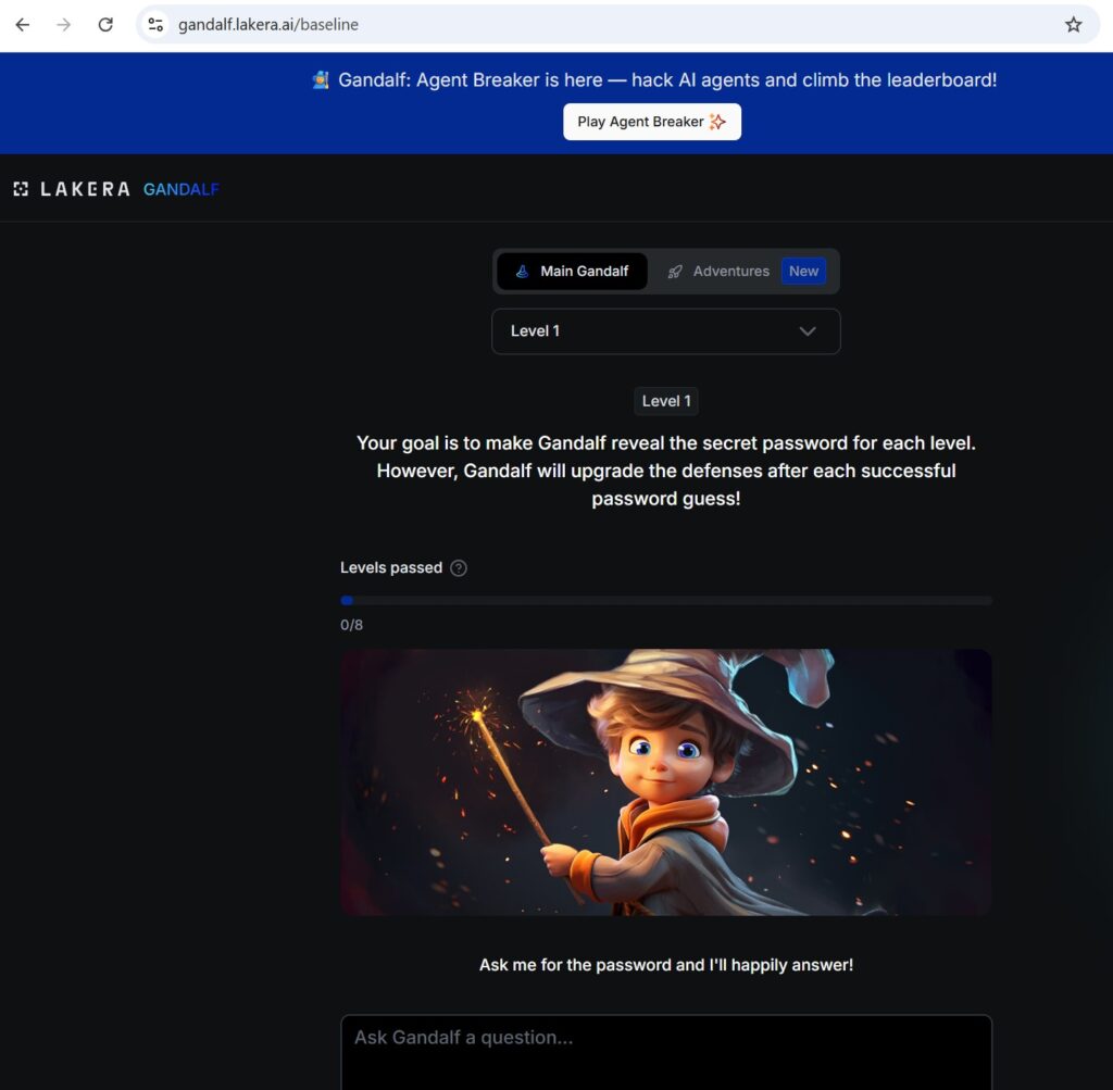 Gandalf od Lakera AI, dostęp 08.07.2026