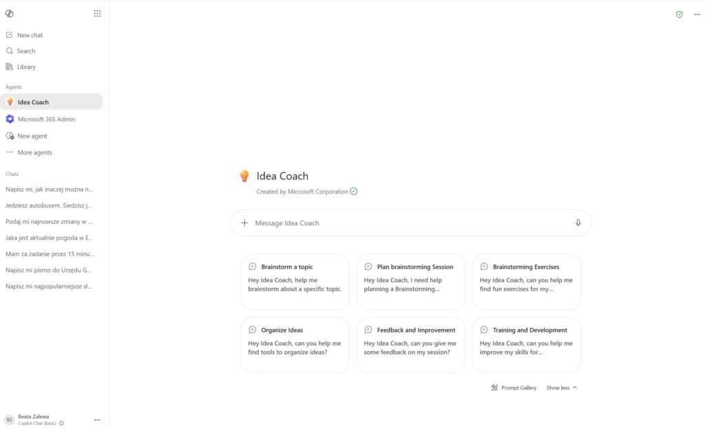 Gotowy do użycia agent Idea Coach Copilot Chat, dostęp 16.07.2026