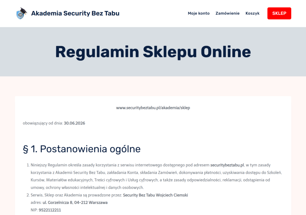 Nowy regulamin Akademia Security Bez Tabu, dostęp 05.07.2026