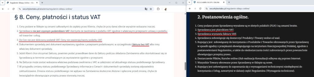 Porównanie zapisów w regulaminach firmy Security Bez Tabu Wijciech Ciemski, dostęp 05.07.2026