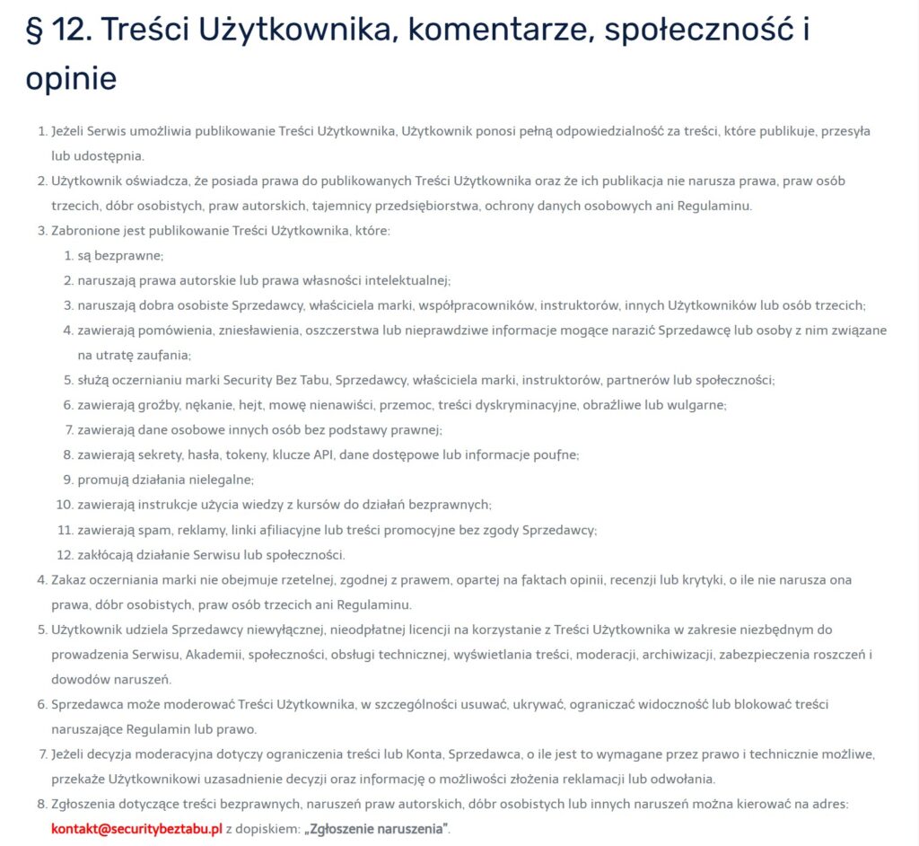 Regulamin Akademia Security Bez Tabu - paragraf 12, dostęp 05.07.2026