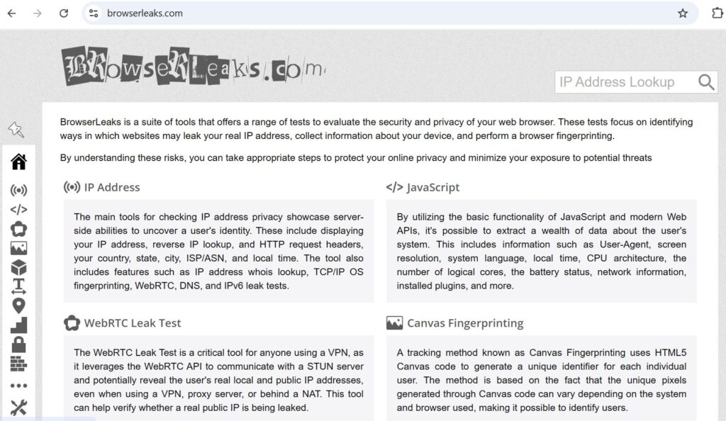 Strona główna browserleaks.com, dostęp 05.07.2026