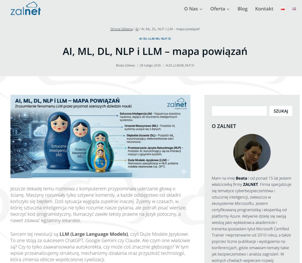 Techniczny wpis o tym, co to jest AI na blogu ZALNET, dostęp 08.07.2026
