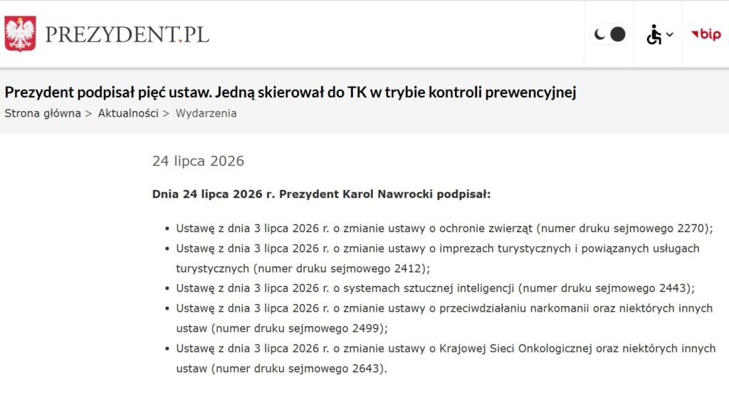 Ustawa o sztucznej inteligencji, strona prezydent.pl, dostęp 27.07.2026