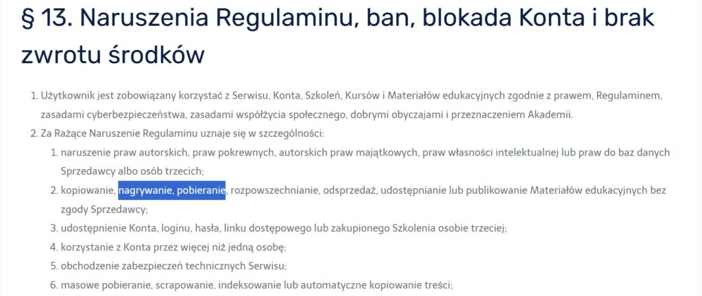 Zabronione nagrywanie przez regulamin Akademia Security Bez Tabu, dostęp 05.07.2026
