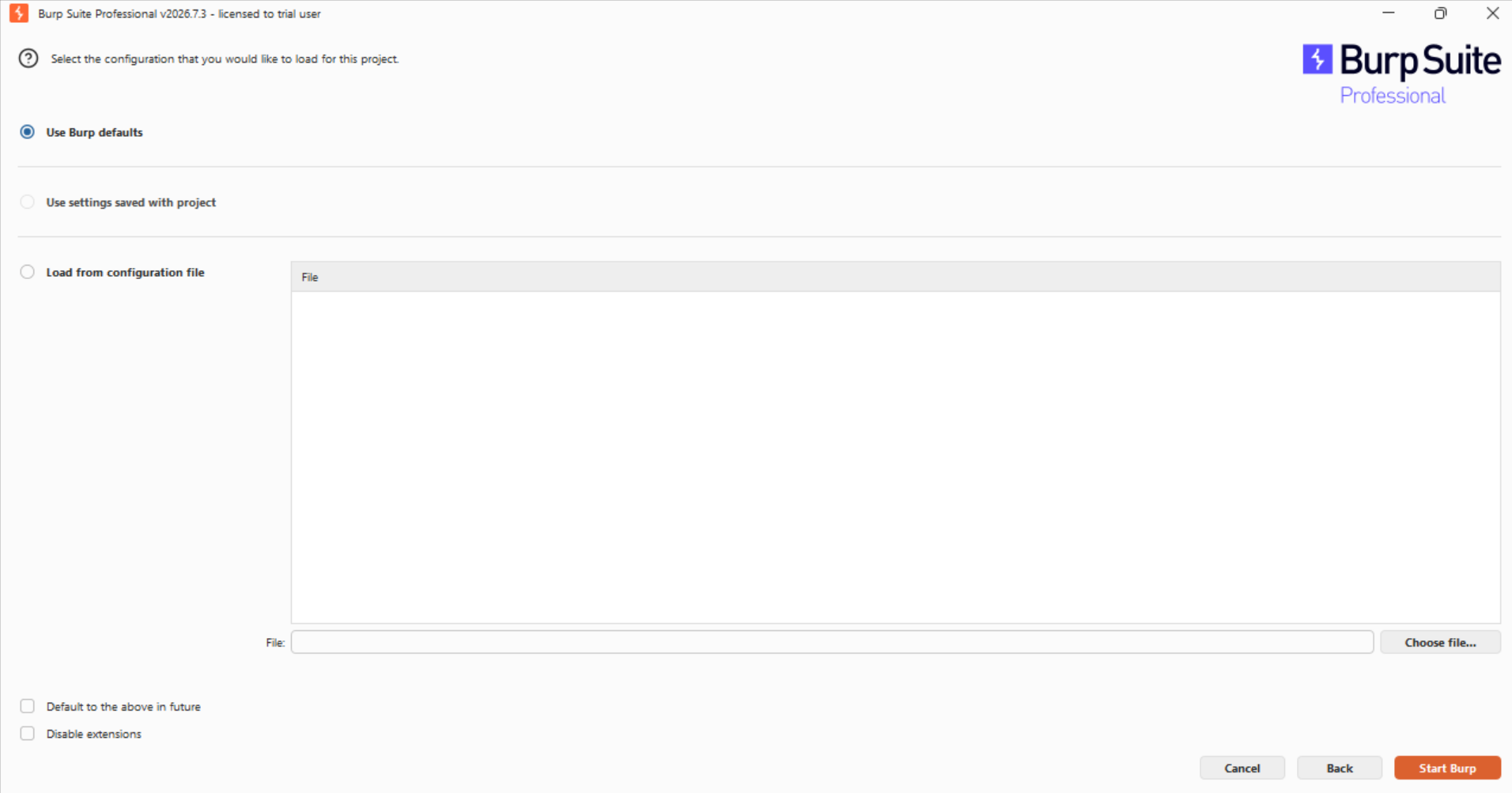 Burp Suite project configuration