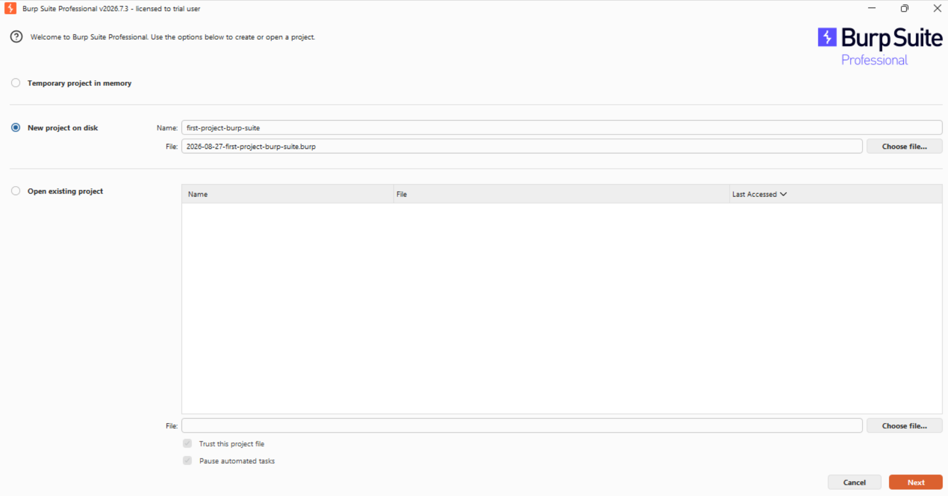 Burp Suite project on disk