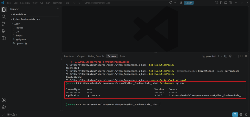 Confirmation that the Virtual Environment is active