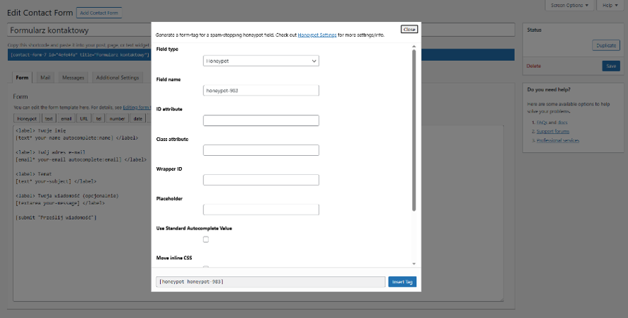 Dodanie pola typu honeypot fo formularza Contact Form