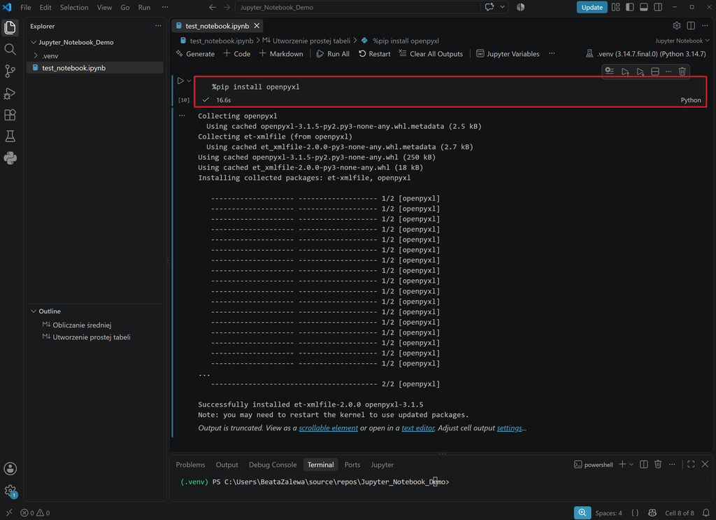 (PL) Przykład użycia %pip w Jupyter Notebook/(EN) Usage of %pip in Jupyter Notebook