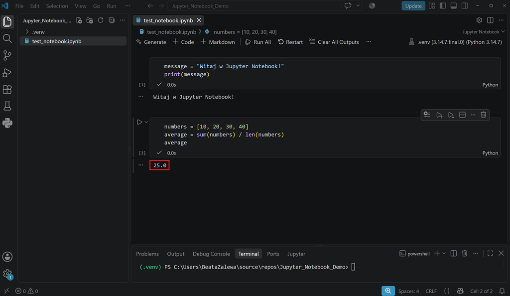 (PL) Zwracanie wyniku z Jupyter Notebook w VS Code/(EN) Output from Jupyter Notebook in VS Code