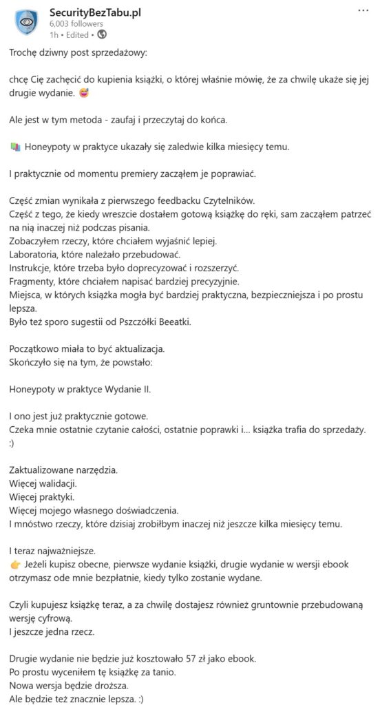 Security Bez Tabu, post sprzedażowy na Linkedinie, dostęp 15.08.2026