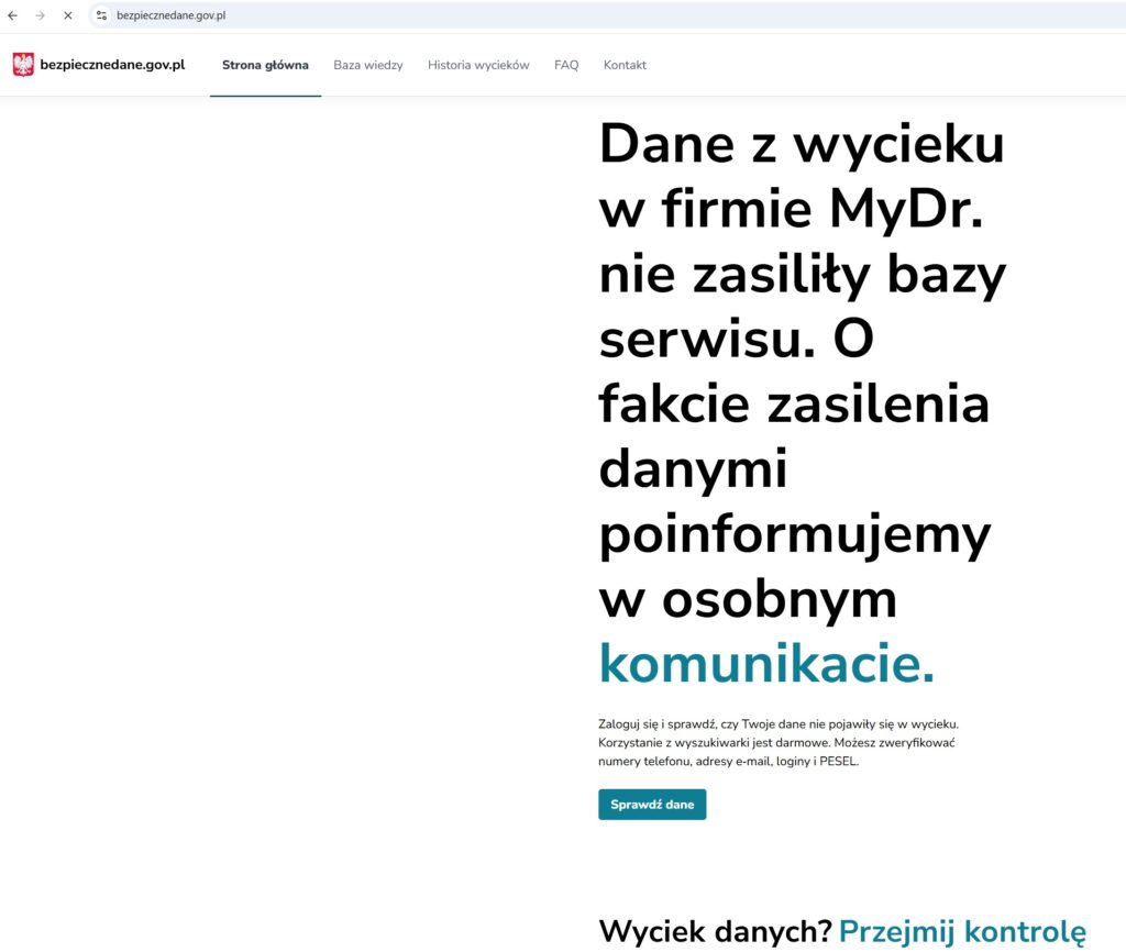 Wyciek danych MyDr, strona bezpiecznedane.gov.pl, dostęp 13.08.2026