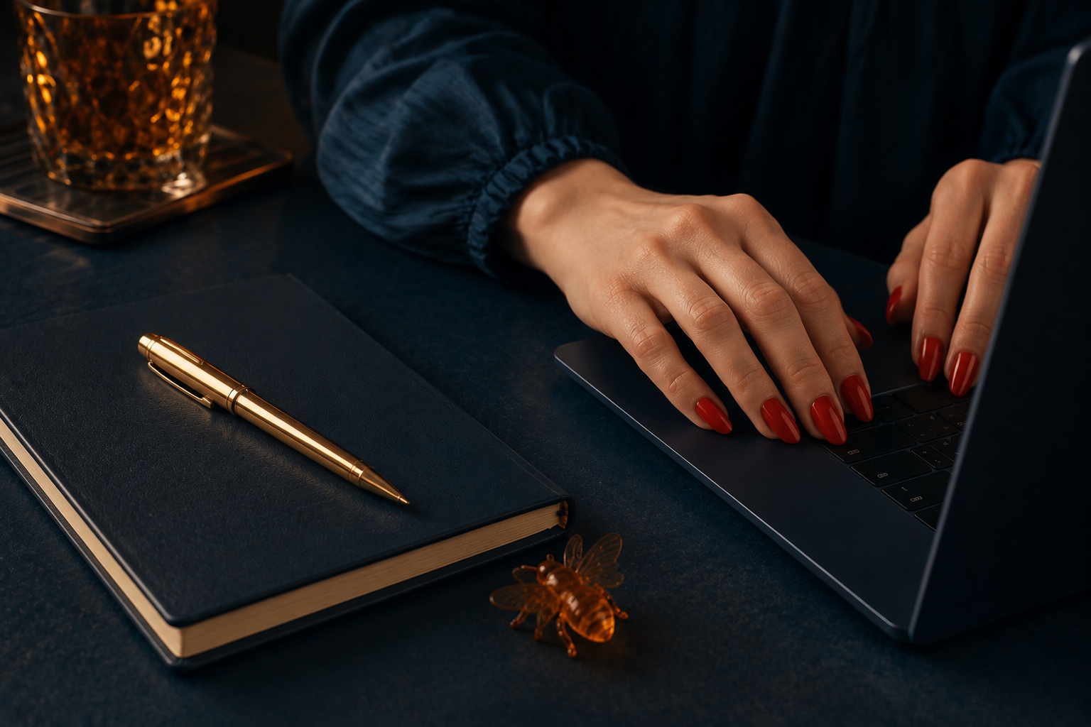 Subtelna pszczoła przy eleganckim notesie i laptopie na biznesowym biurku