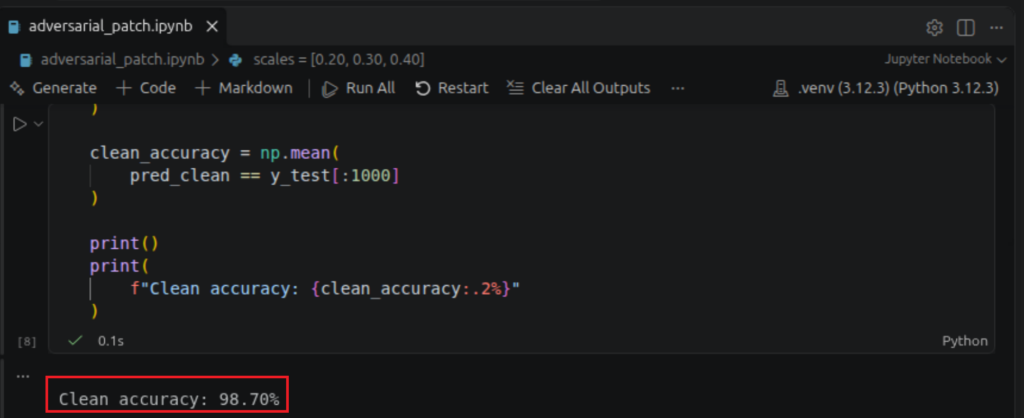 Fragment kodu pokazujący Clean accuracy w Adversarial Patch