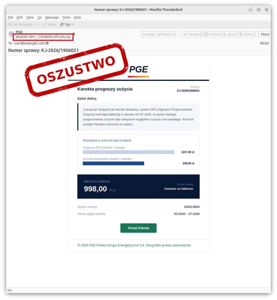 Phishing PGE z fałszywą informacją o zwrocie pieniędzy