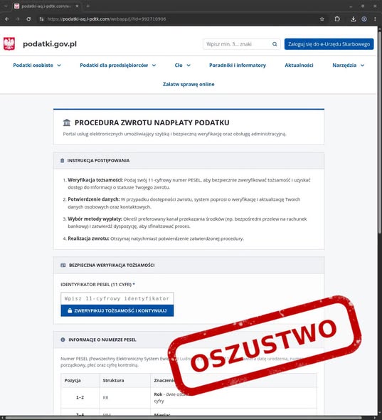 Fałszywa strona zwrotu podatku podszywająca się pod administrację publiczną