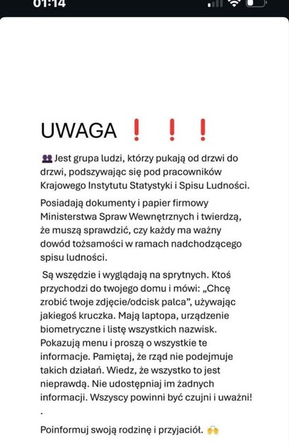 Łańcuszek ostrzegający przed rzekomymi pracownikami fikcyjnej instytucji