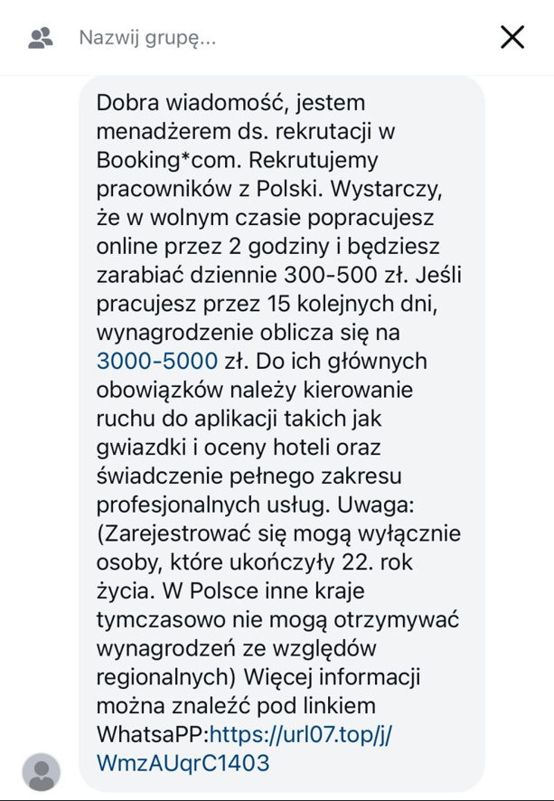 Fałszywa oferta pracy podszywająca się pod Booking.com.