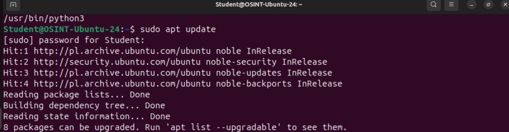 Polecenie sudo apt update