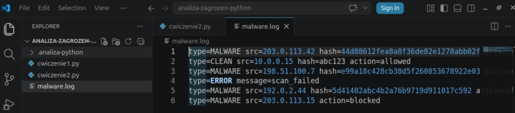 Zawartość pliku malware.log